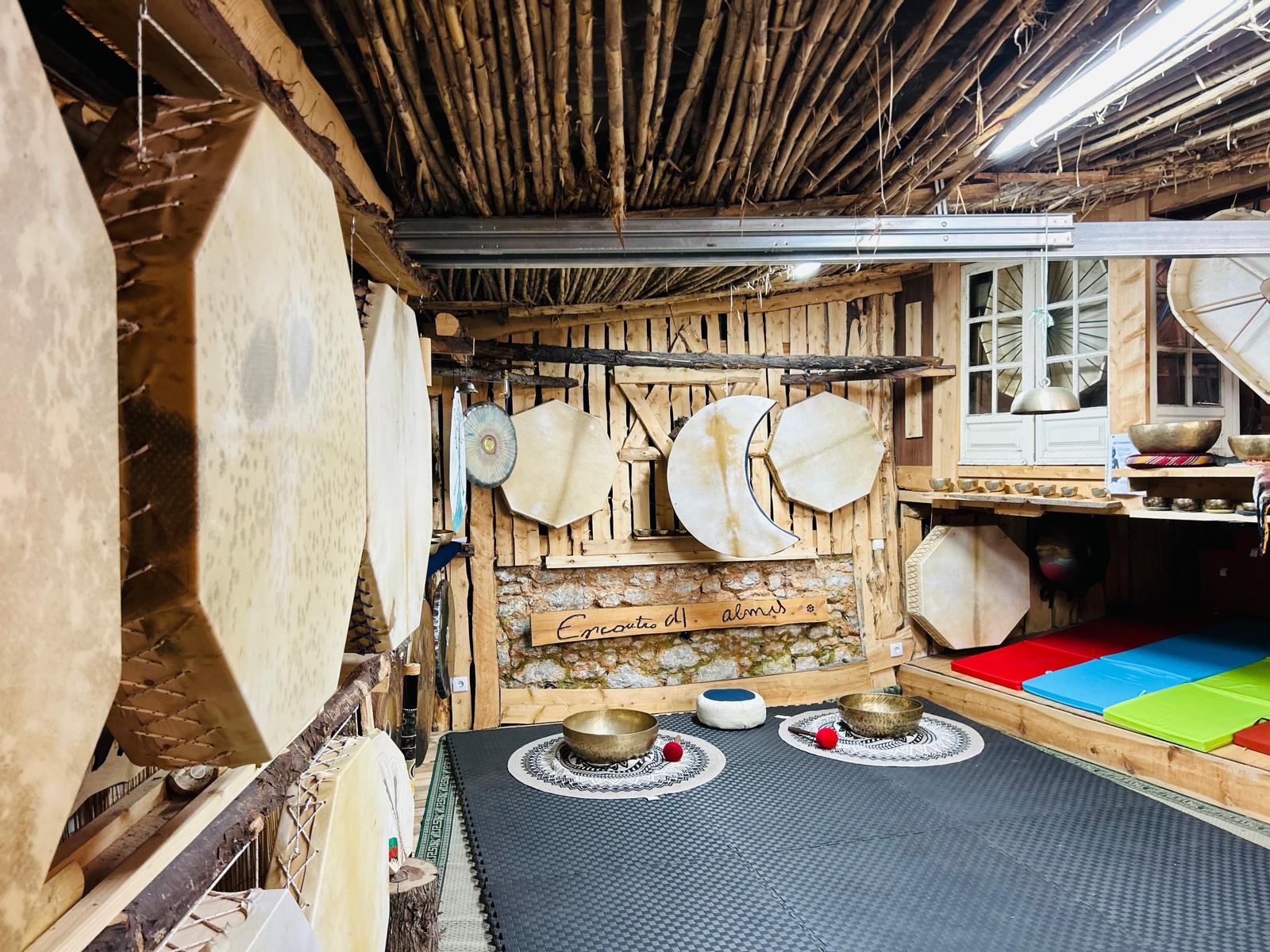 Session room with shamanic drums, gong and Tibetan bowls